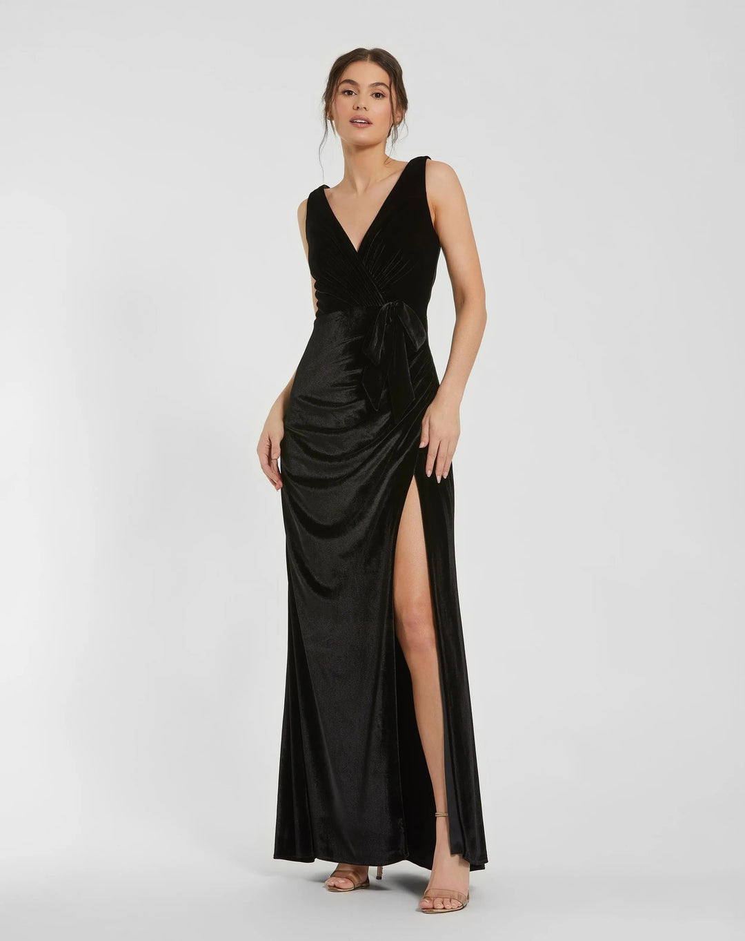 Mac Duggal 56144 Black Deep V High Slit Draped Velvet Fitted Gown