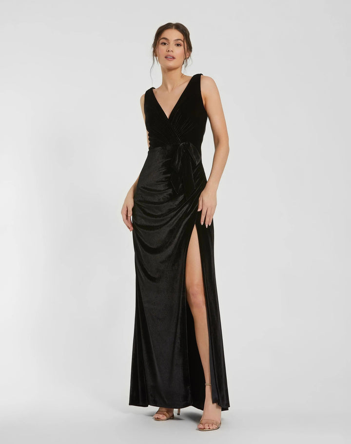 Mac Duggal 56144 Black Deep V High Slit Draped Velvet Fitted Gown