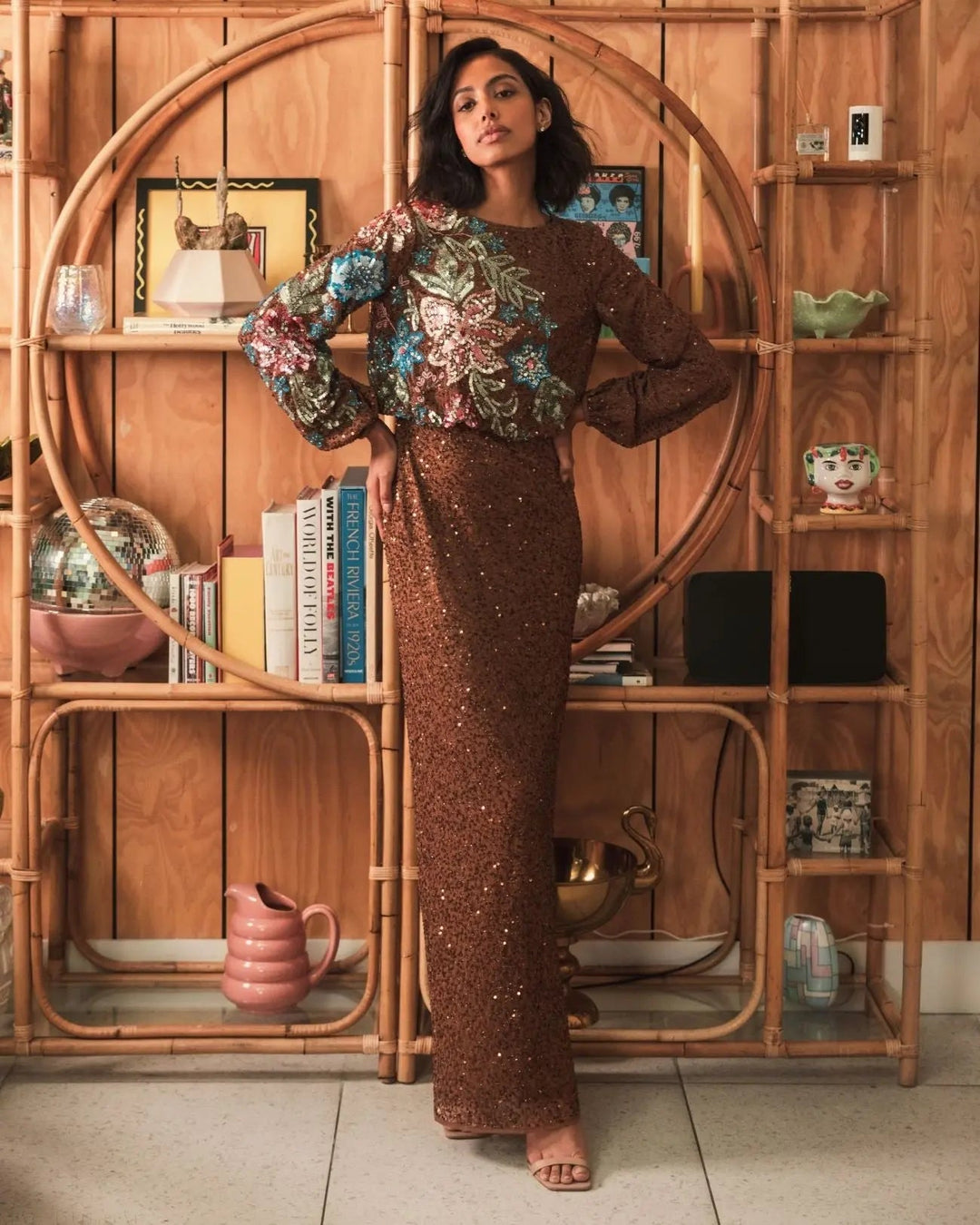 Mac Duggal 5615 High Neck Long Sleeve Sequin Evening Gown