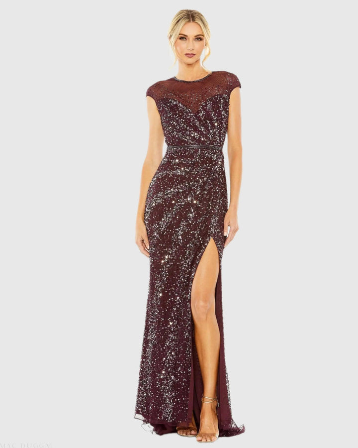 Mac Duggal 5619 Embellished Illusion High Neck Cap Sleeve Gown