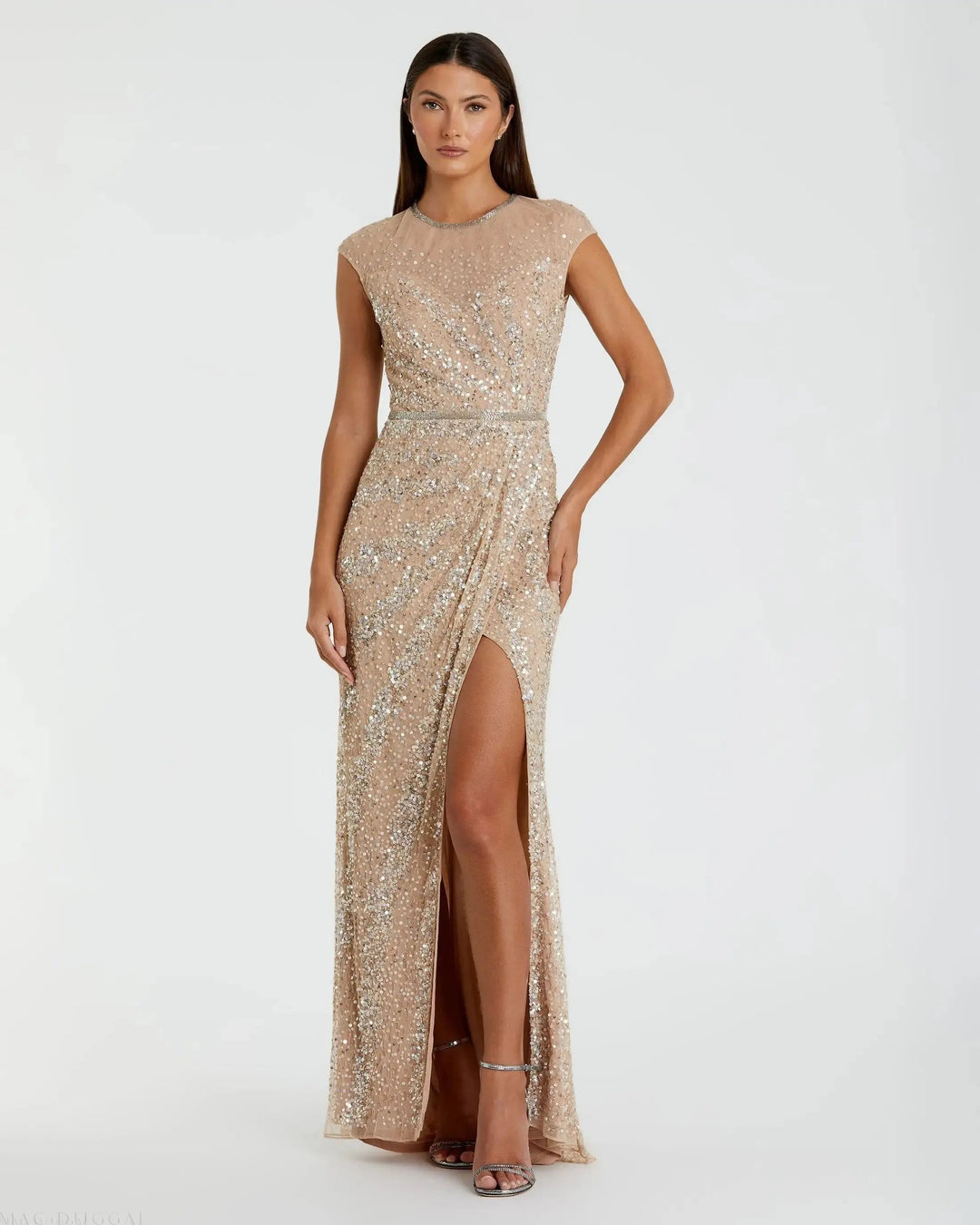 Mac Duggal 5619 Embellished Illusion High Neck Cap Sleeve Gown