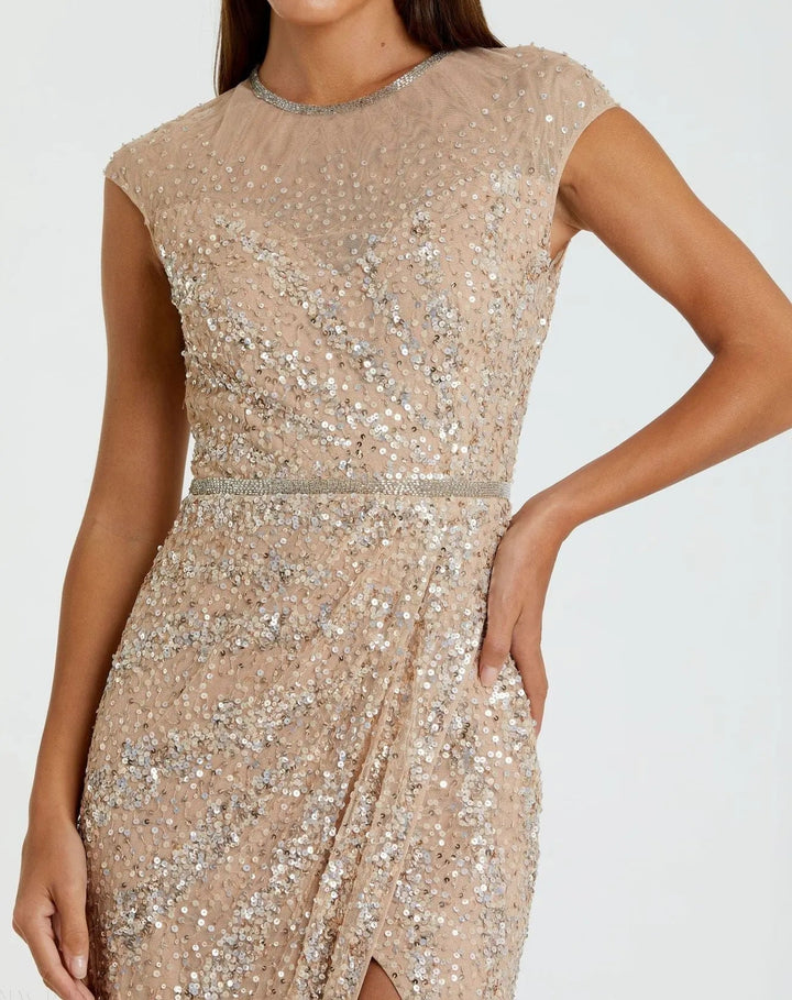 Mac Duggal 5619 Embellished Illusion High Neck Cap Sleeve Gown