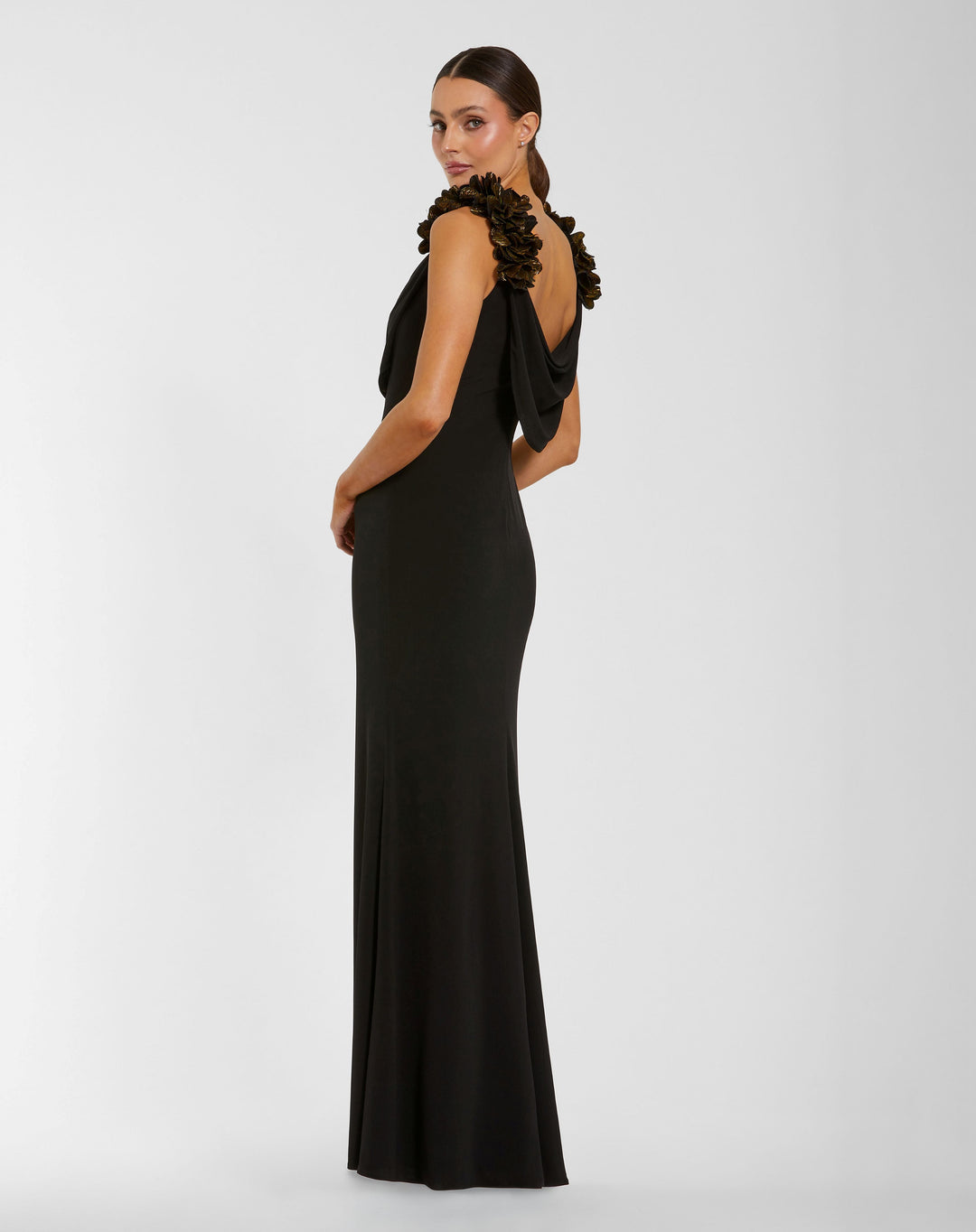 Mac Duggal 56195 Cowl Neck Jersey Gown with 3D Flower Straps