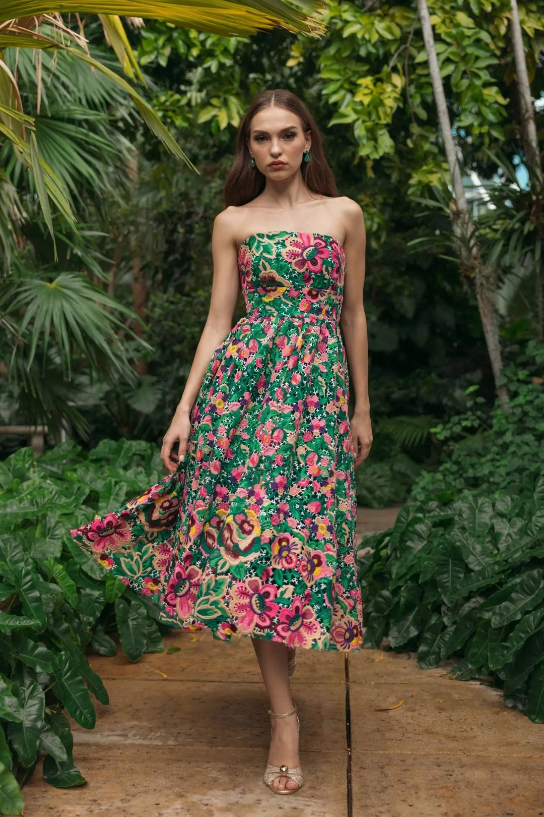 Green Strapless Floral Embroidered Midi Dress - FOSTANI.com