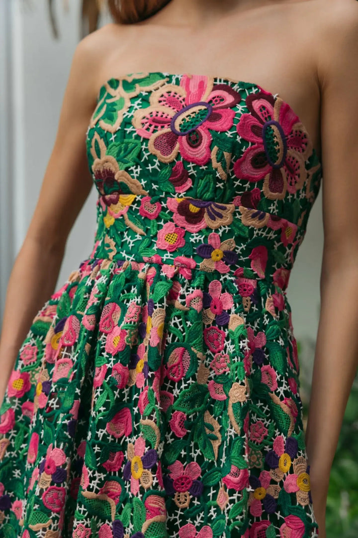 Green Strapless Floral Embroidered Midi Dress - FOSTANI.com