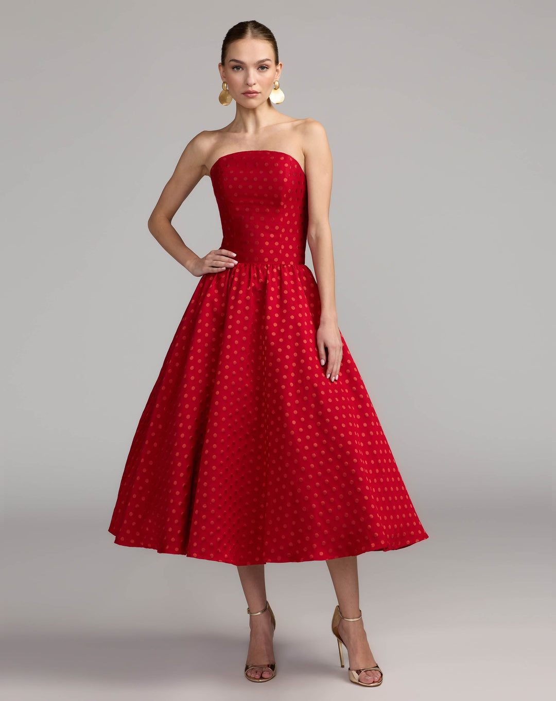 Mac Duggal 56273 Strapless Polka Dot Brocade Midi Dress