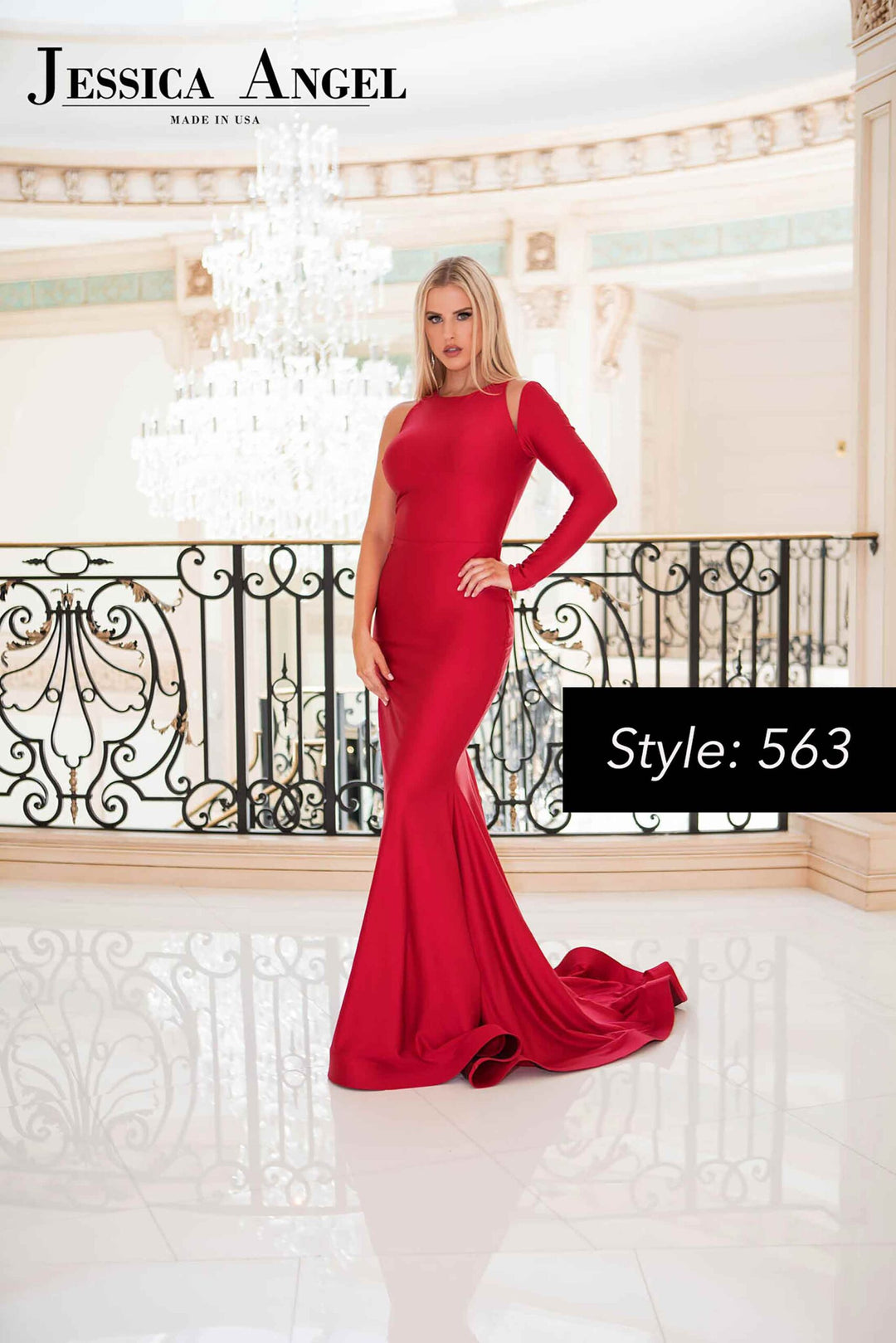 Jessica Angel 563 one sleeve high neck gown front view