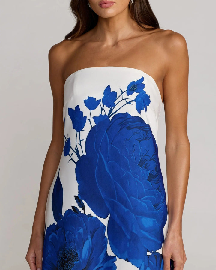 White Floral Printed Strapless Crepe Trapeze Gown - FOSTANI.com