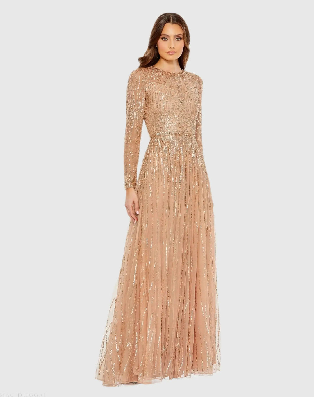 Mac Duggal 5636 Illusion High Neck Long Sleeve Embellished Gown