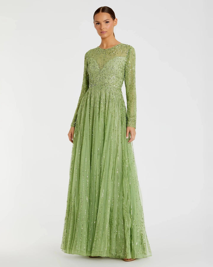 Mac Duggal 5636 Illusion High Neck Long Sleeve Embellished Gown