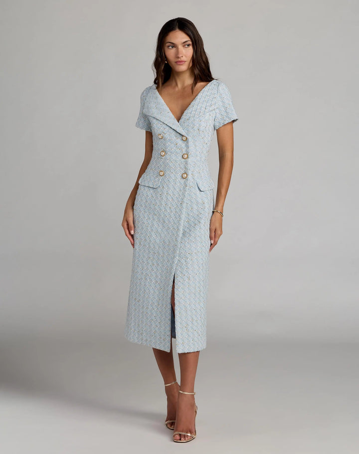 Blue Boucle Cap Sleeve Fitted Midi Dress - FOSTANI.com