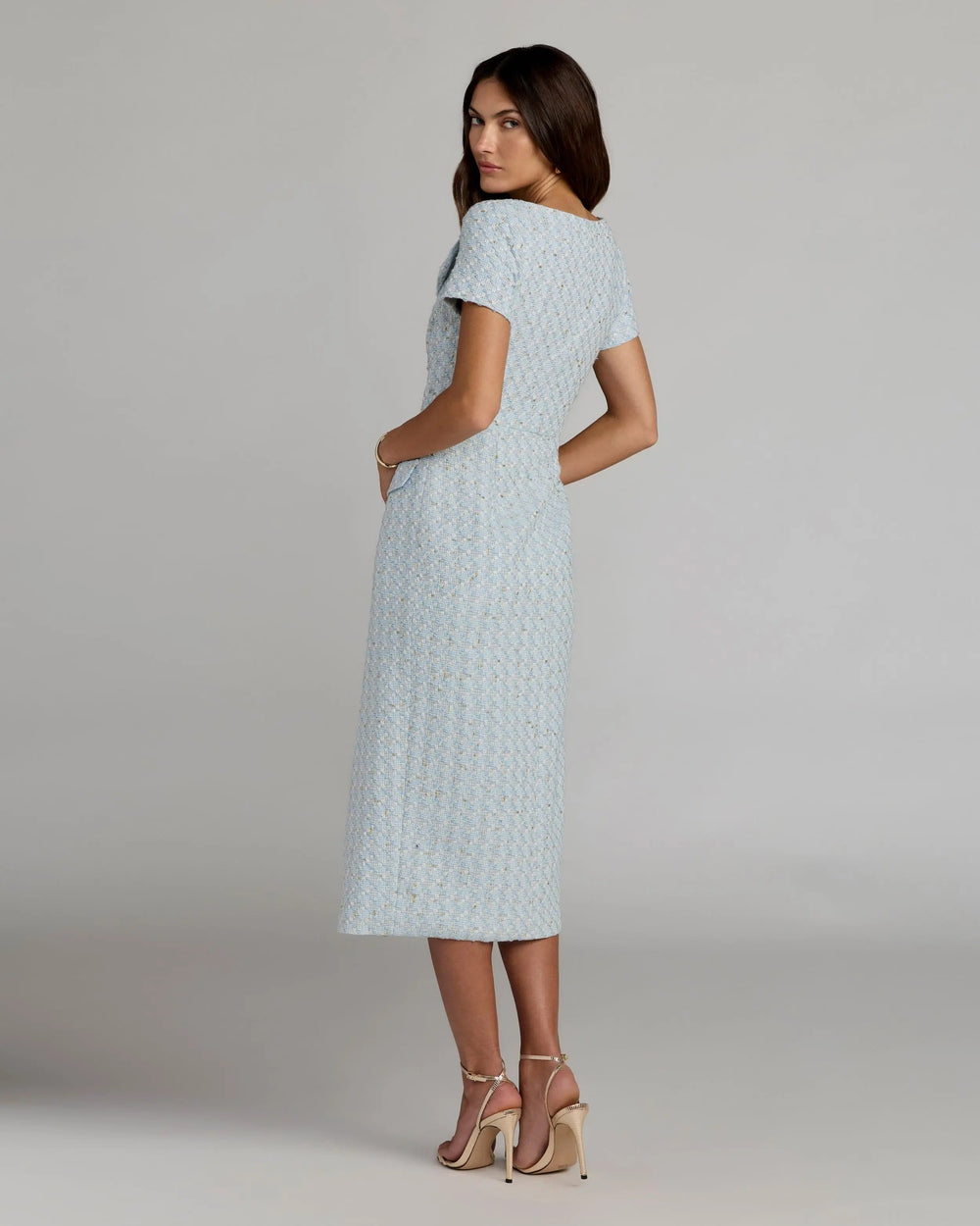 Blue Boucle Cap Sleeve Fitted Midi Dress - FOSTANI.com