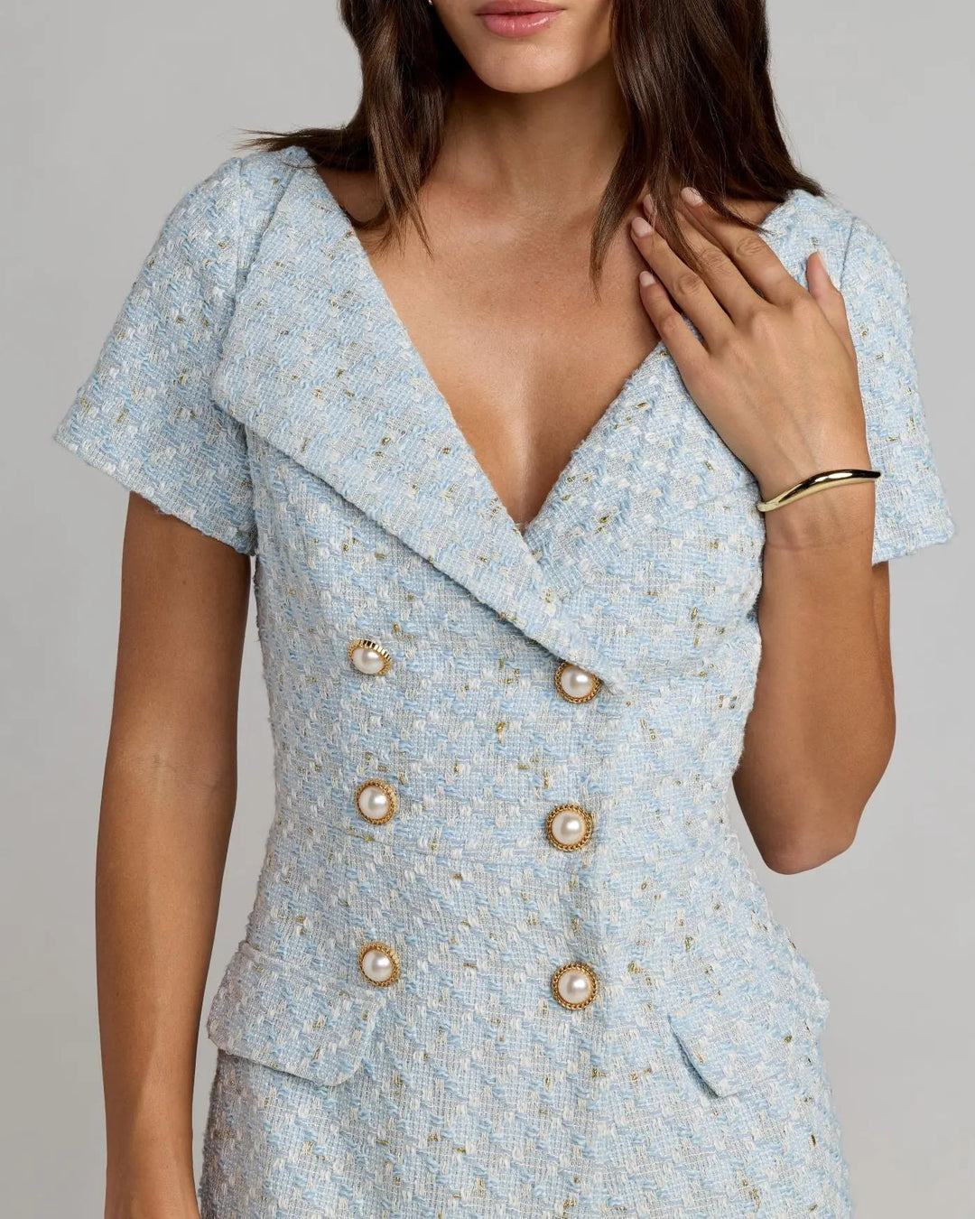 Blue Boucle Cap Sleeve Fitted Midi Dress - FOSTANI.com