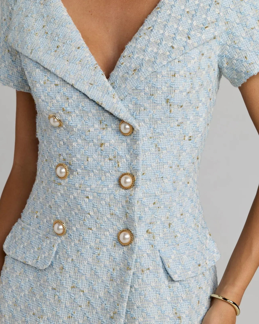 Blue Boucle Cap Sleeve Fitted Midi Dress - FOSTANI.com