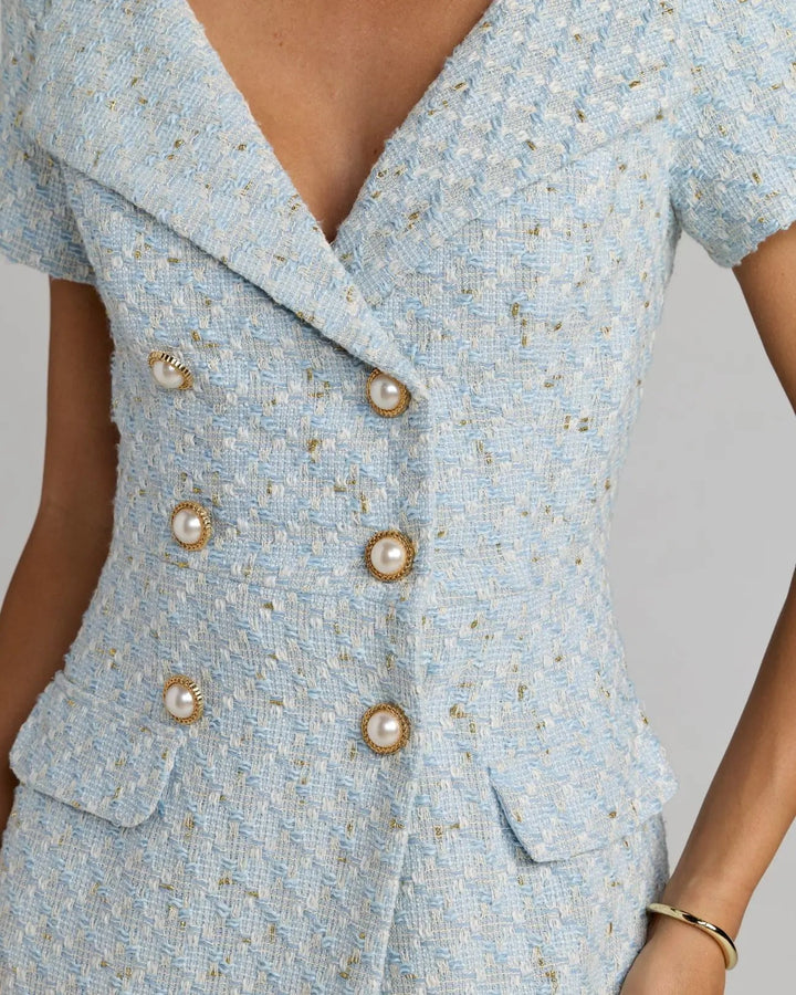 Blue Boucle Cap Sleeve Fitted Midi Dress - FOSTANI.com