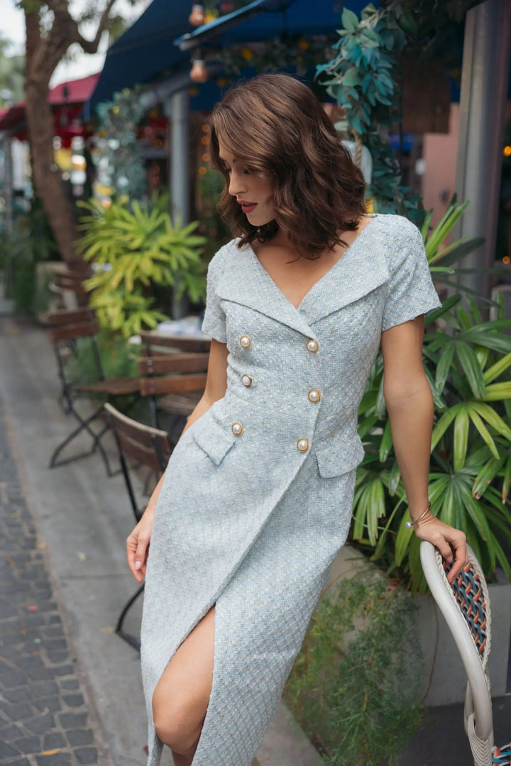 Blue Boucle Cap Sleeve Fitted Midi Dress - FOSTANI.com