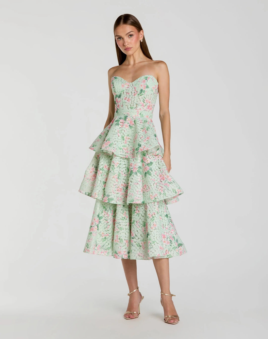 Green Floral Tiered Strapless Midi Dress - FOSTANI.com