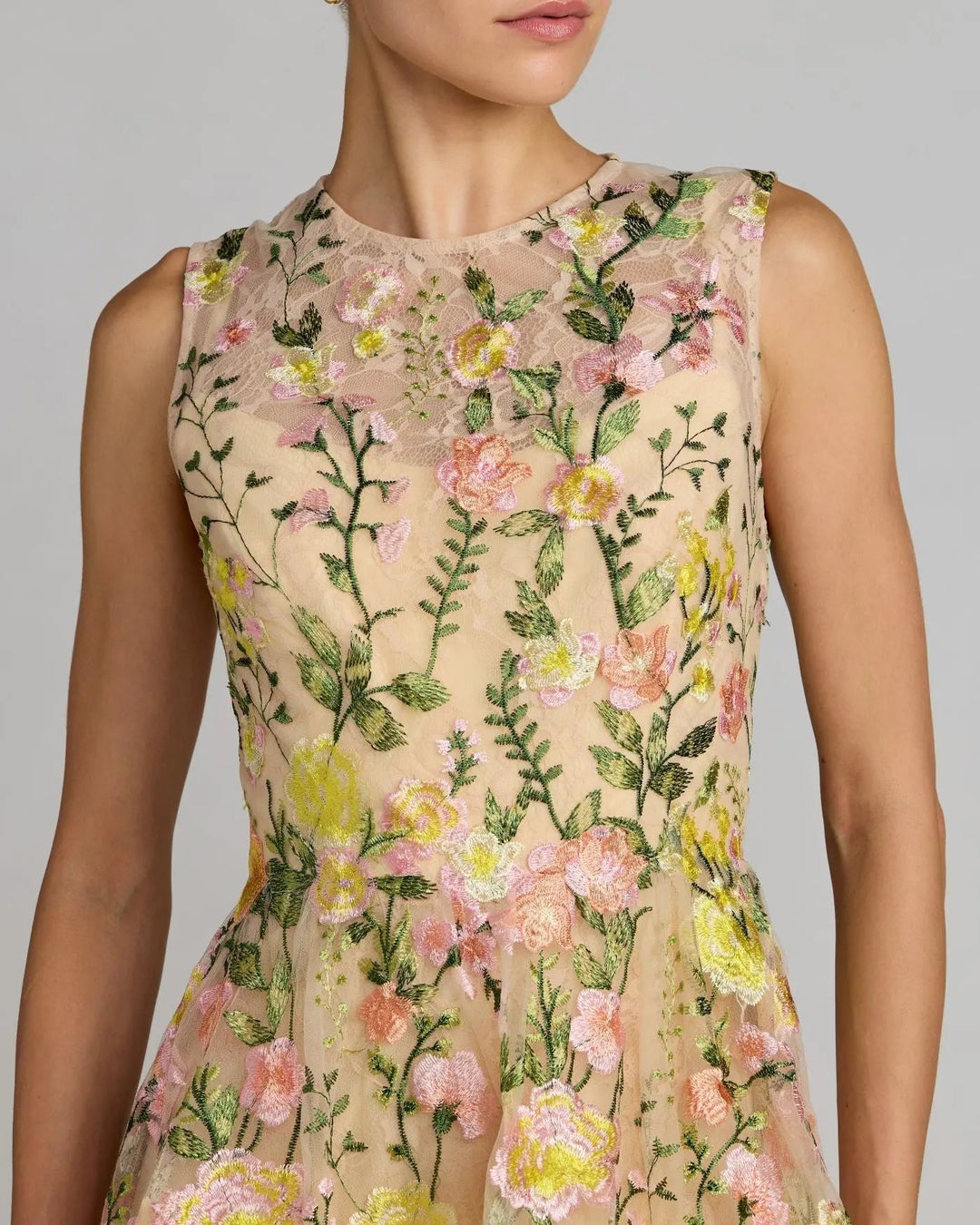 Yellow Floral Embroidered Sleeveless A-Line Mini Dress - FOSTANI.com