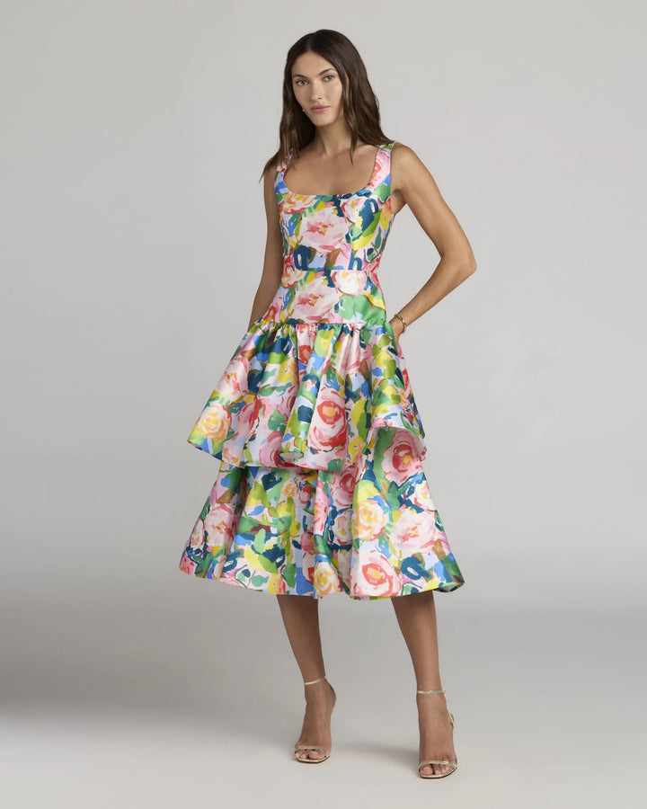 Multicolor Floral Tiered Square Neck Midi Dress - FOSTANI.com