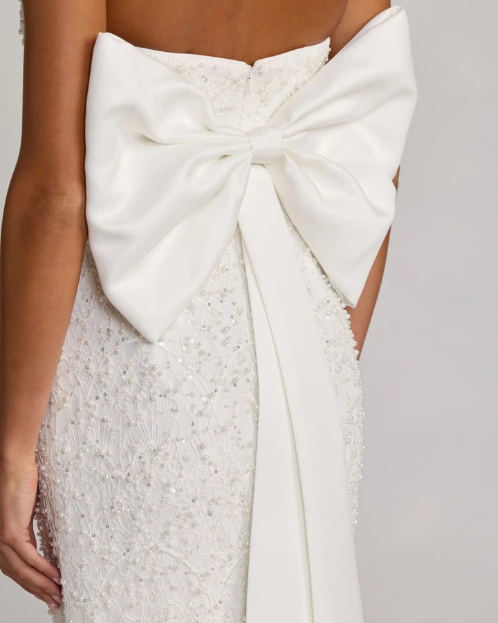 Ivory Strapless Beaded Bow Back Midi Dress - FOSTANI.com
