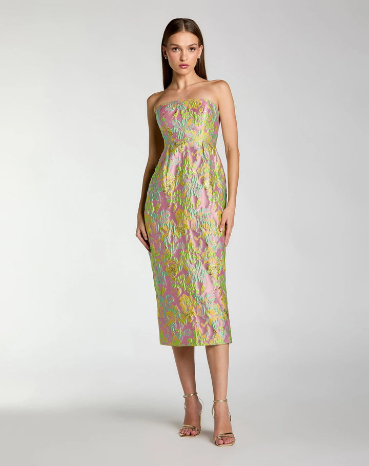 Multicolor Strapless Floral Brocade Midi Dress - FOSTANI.com