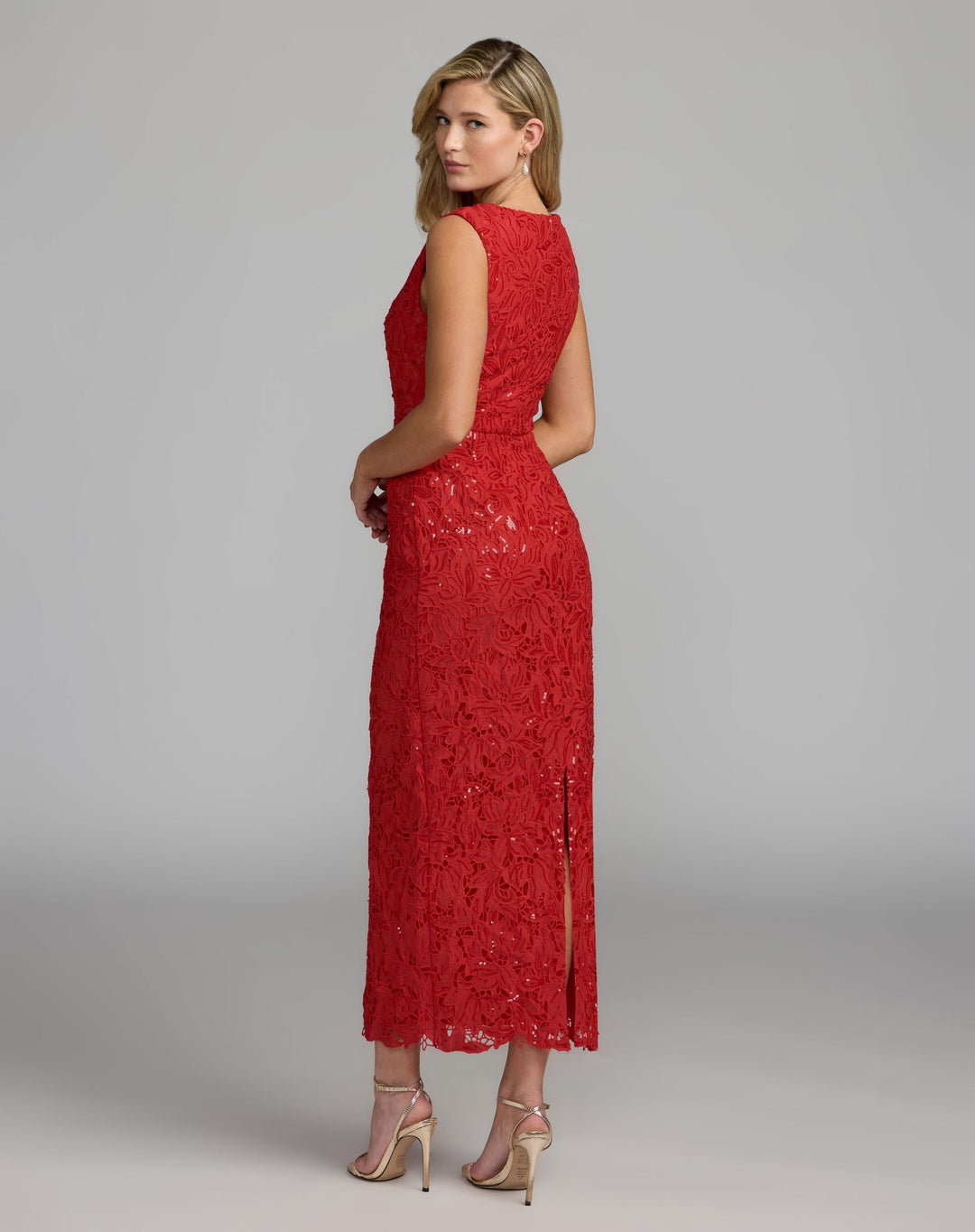 Mac Duggal 56435 Sleeveless Embroidered Lace Midi Dress