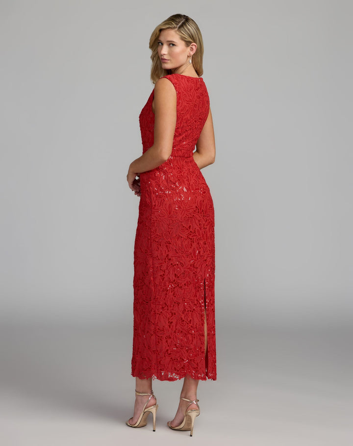 Mac Duggal 56435 Sleeveless Embroidered Lace Midi Dress
