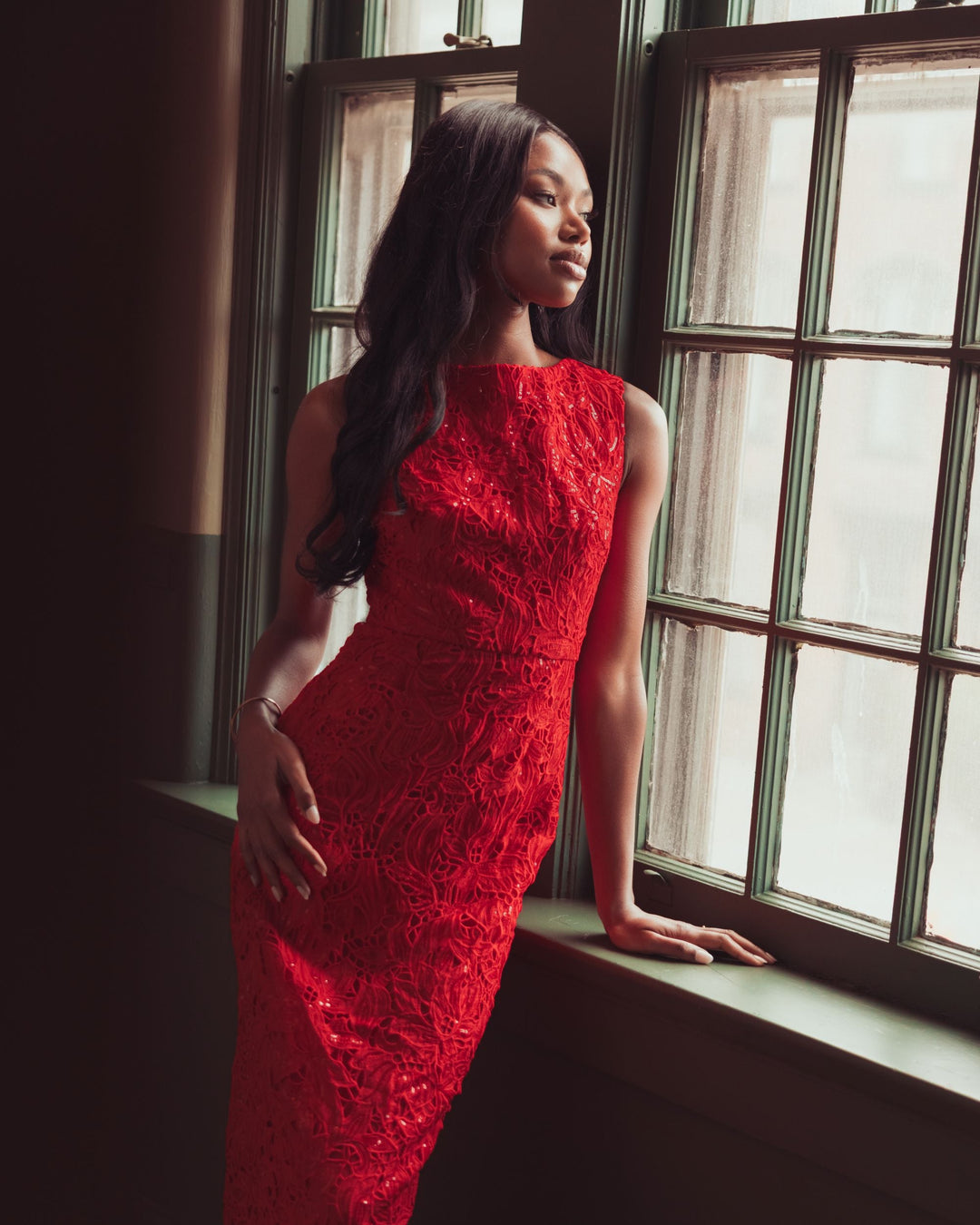 Mac Duggal 56435 Sleeveless Embroidered Lace Midi Dress
