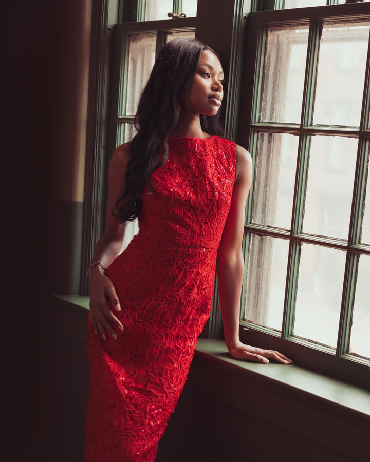 Mac Duggal 56435 Sleeveless Embroidered Lace Midi Dress