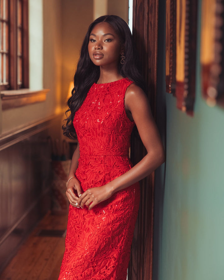 Mac Duggal 56435 Sleeveless Embroidered Lace Midi Dress