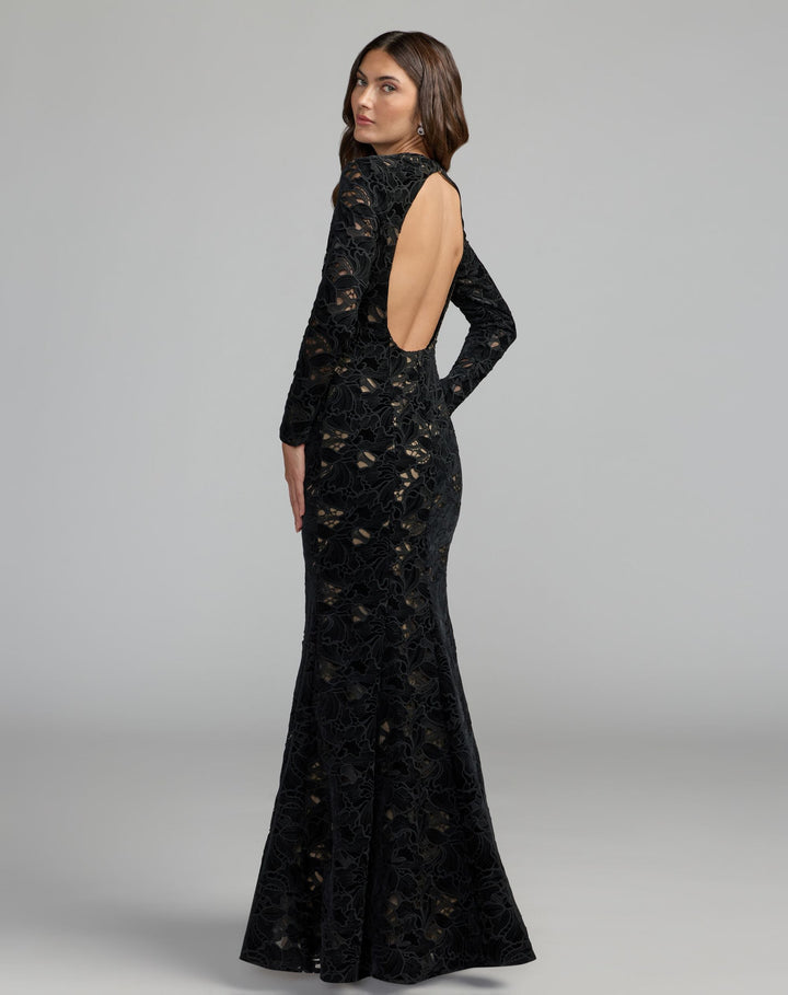 Mac Duggal 56436 Long Sleeve Open Back Embroidered Gown