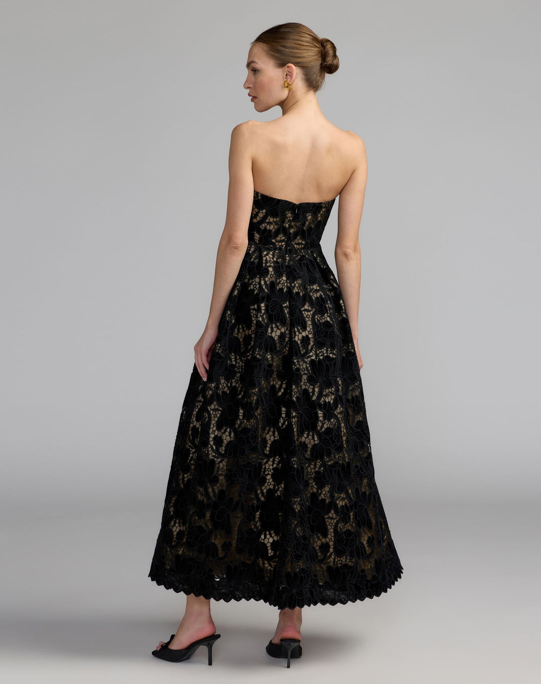 Mac Duggal 56438 Floral Lace Strapless A-Line Midi Dress