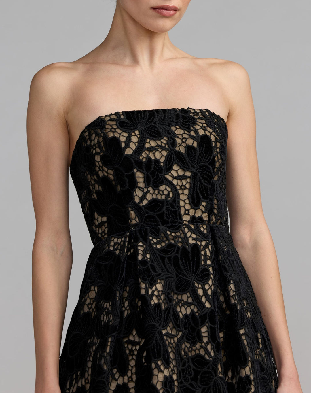 Mac Duggal 56438 Floral Lace Strapless A-Line Midi Dress