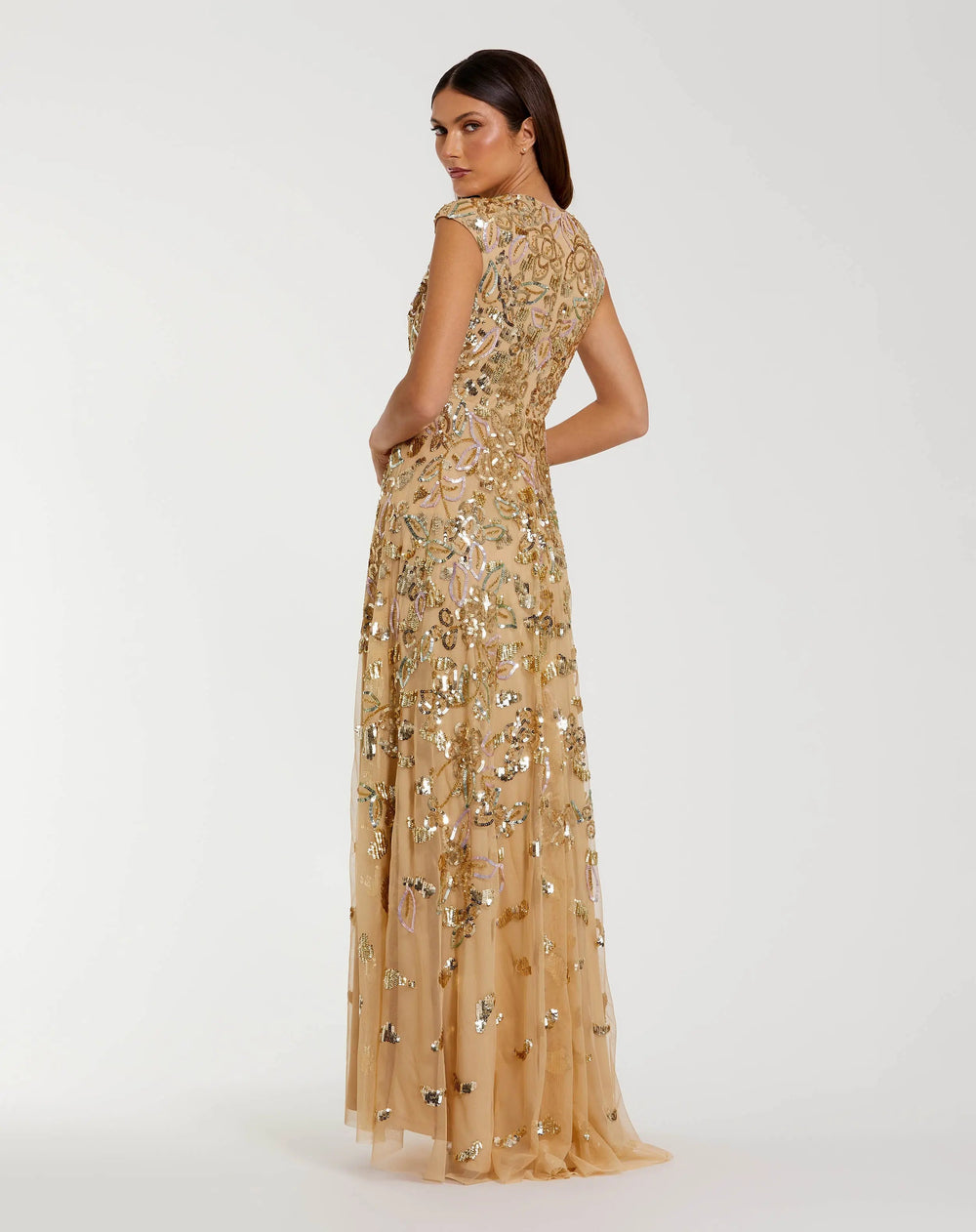 Mac Duggal 5647 Sequined High Neck Cap Sleeve A Line Dress