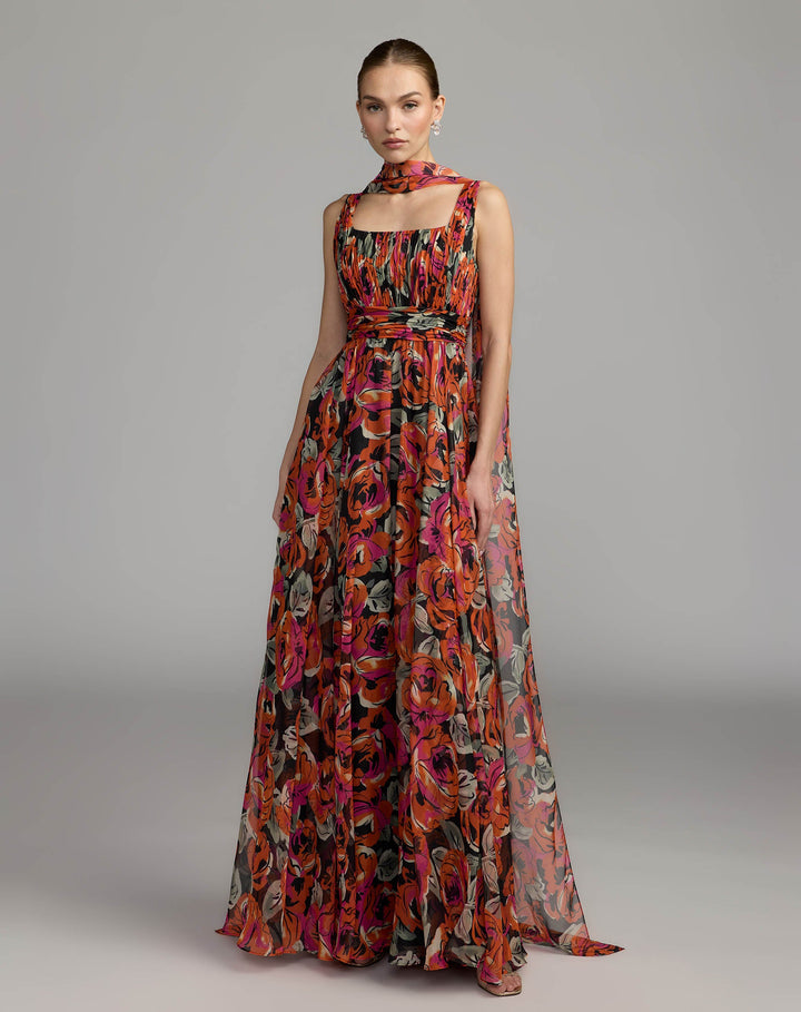 Mac Duggal 56497 Floral Chiffon Gown With Scarf