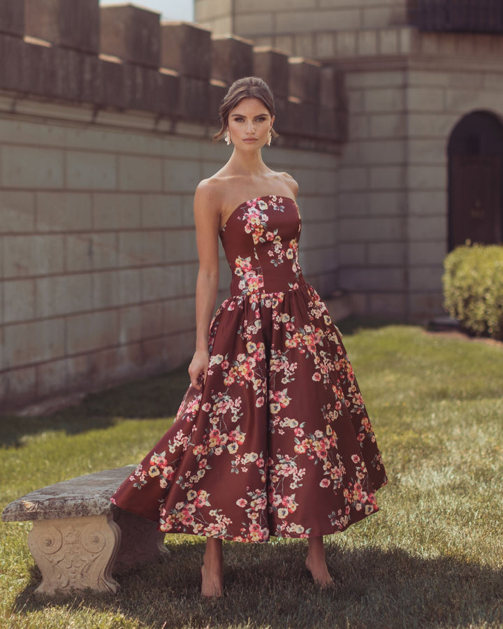 Mac Duggal 56504 Floral Satin Strapless A-Line Midi Dress