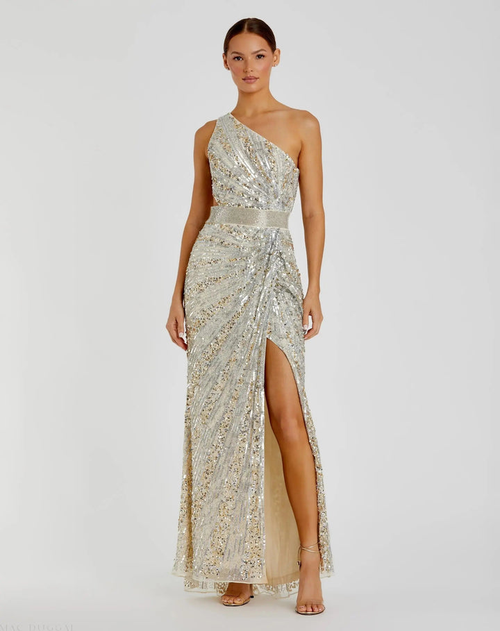 Mac Duggal 5687 Green Sequined One Shoulder Draped Lace Up Gown