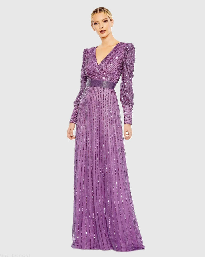 Mac Duggal 5720 Purple Sequined Wrap Over Bishop Sleeve Gown