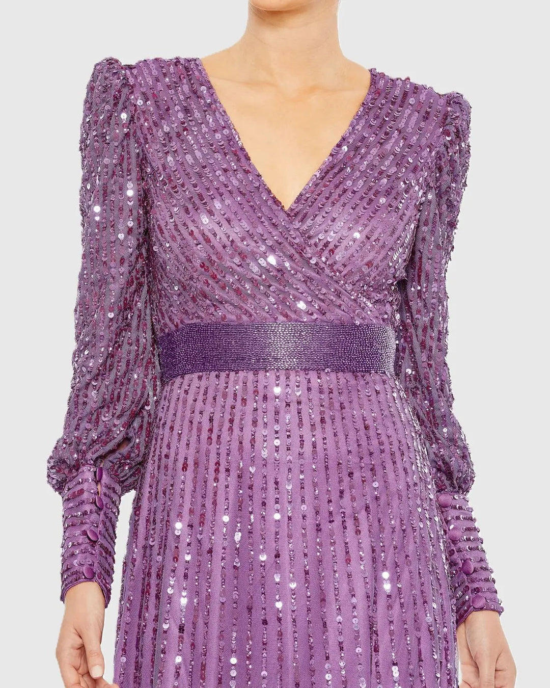 Mac Duggal 5720 Purple Sequined Wrap Over Bishop Sleeve Gown