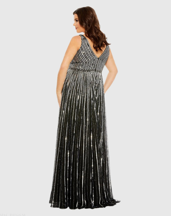 Mac Duggal 5755 Sequined Striped Sleeveless V Neck A Line Gown (Plus)