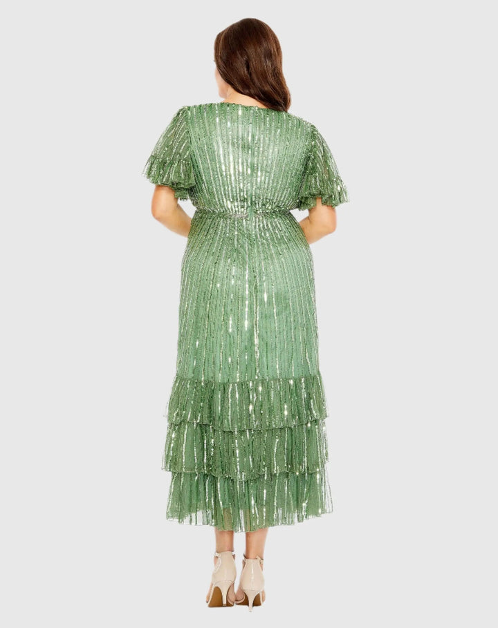 Mac Duggal 5785 Sequin Faux Wrap Flutter Sleeve Ruffle Dress (Plus)