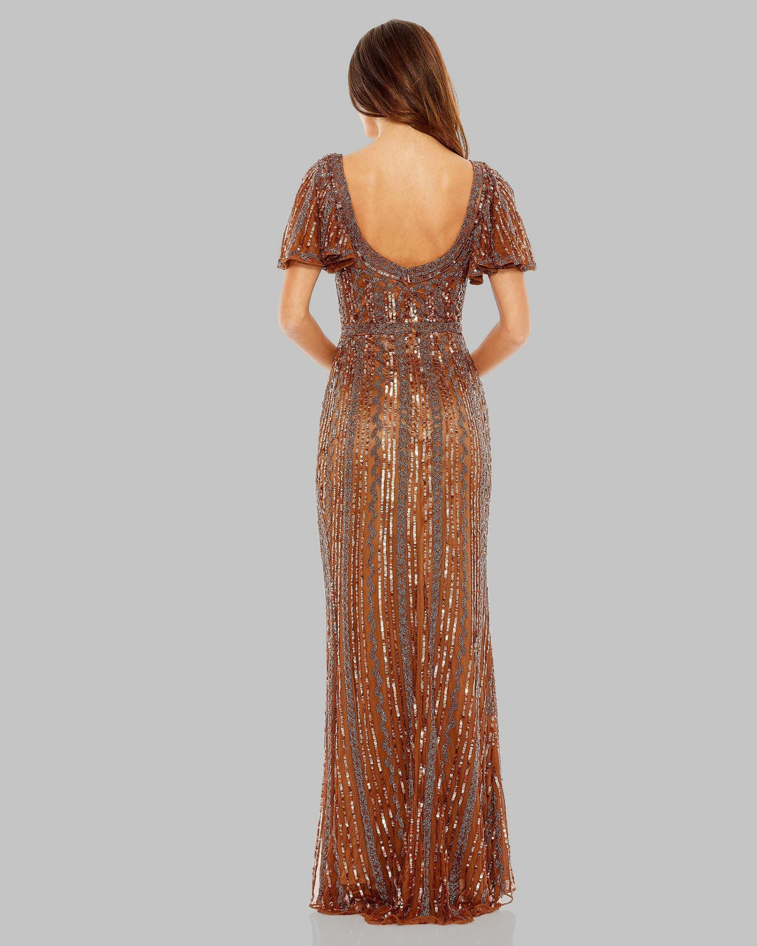 Mac Duggal 5914 Brown Beaded Flutter Sleeve Column Gown