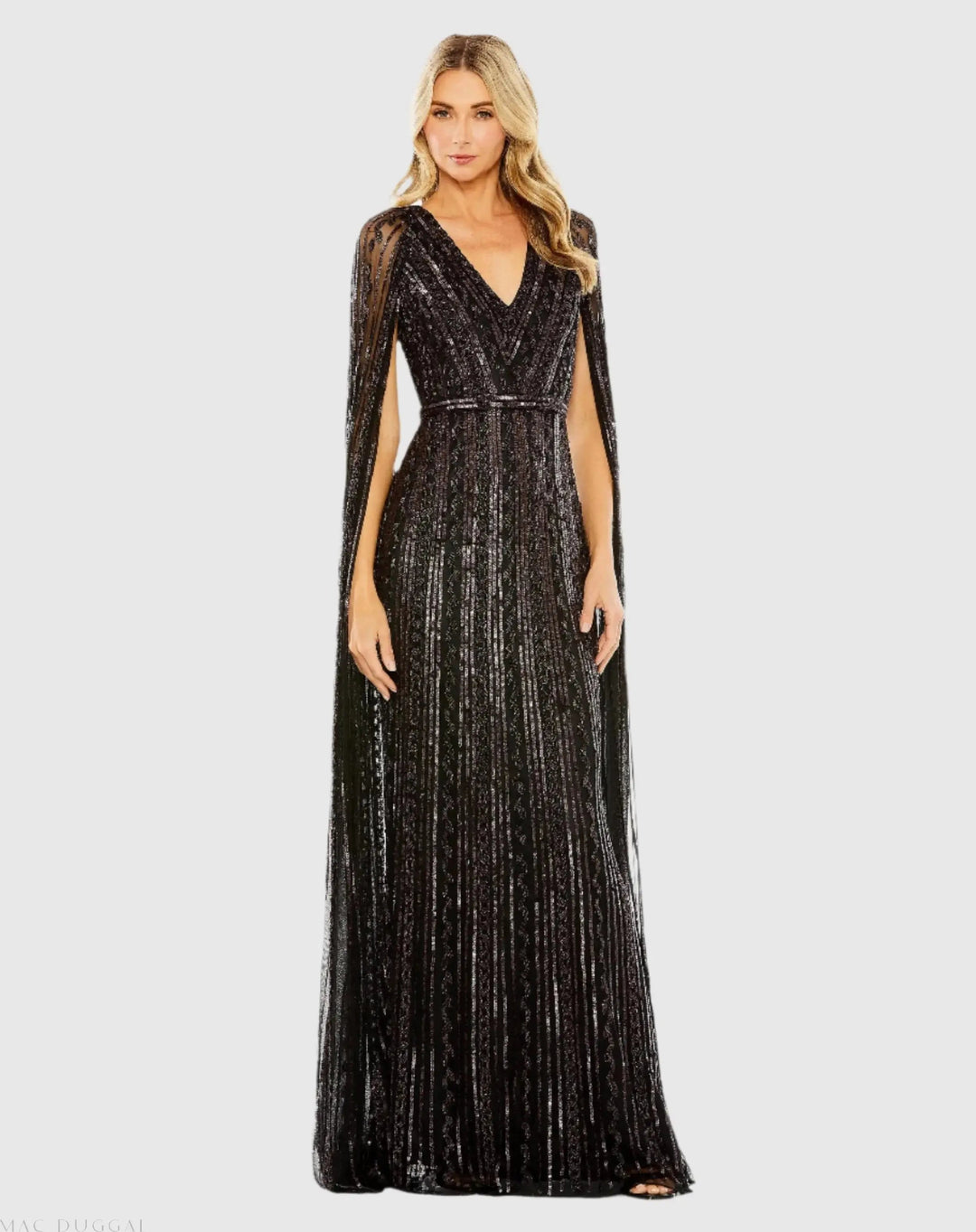 Mac Duggal 5915 Sequined V-Neck Gown with Cape Sleeves
