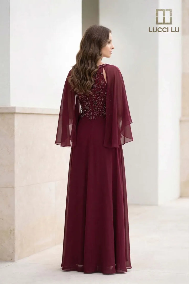 Lucci Lu 6047W V Neck Long Sleeve Back Zipper Mother of the Bride Dress