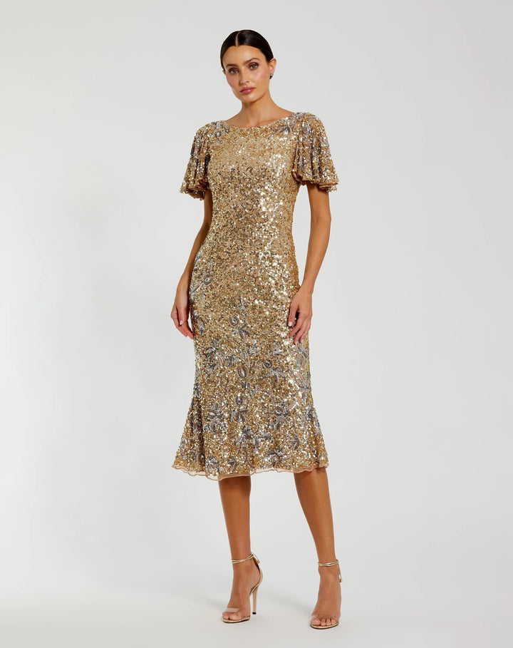 Mac Duggal 6118 Gold Flutter Sleeve Floral Embellished Sequin Midi Dress