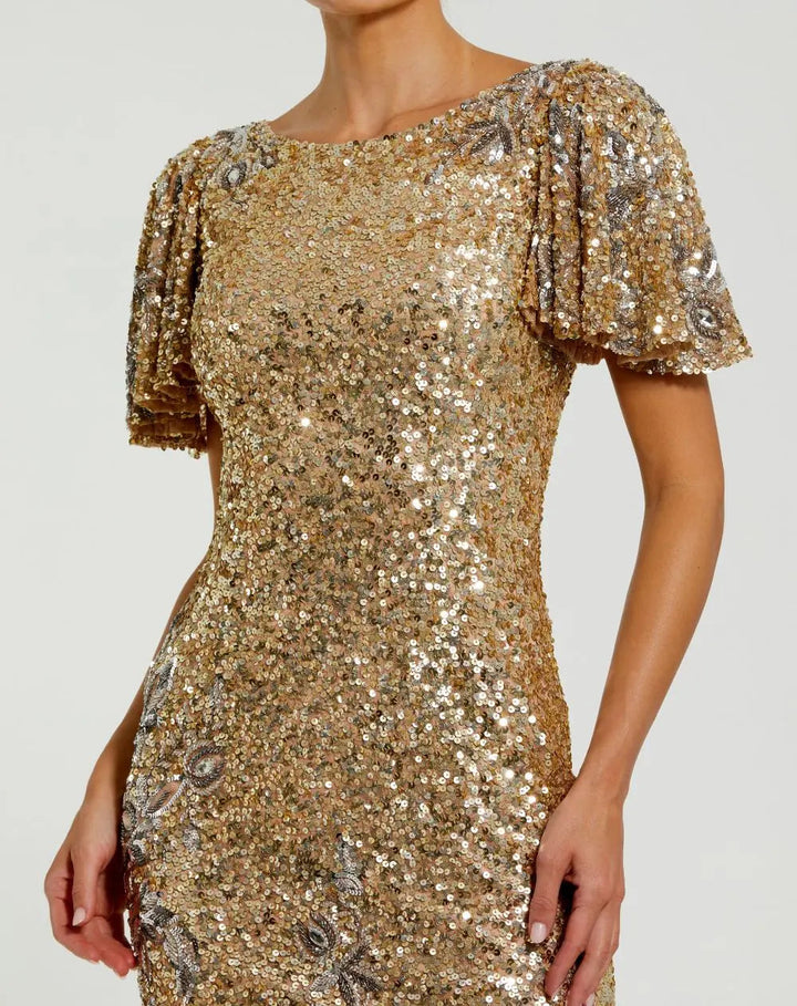 Mac Duggal 6118 Gold Flutter Sleeve Floral Embellished Sequin Midi Dress