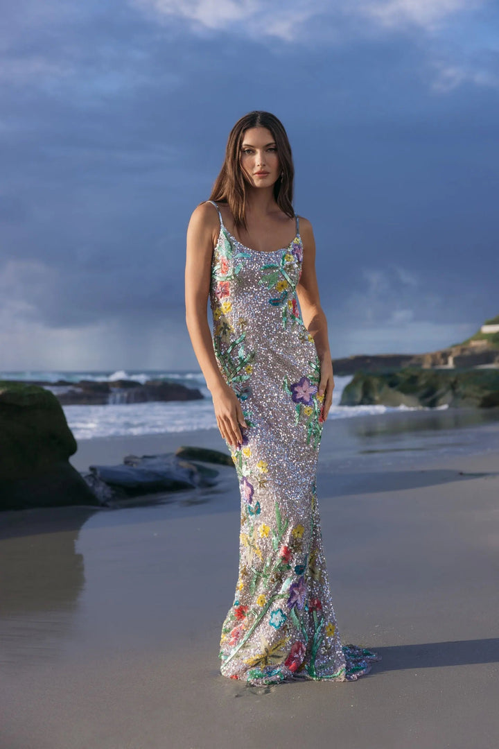 Silver Embellished Sleeveless Cowl Back Gown - FOSTANI.com
