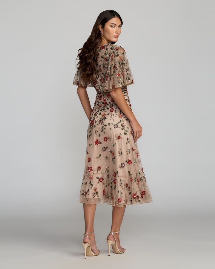 Beige Floral Embellished Flutter Sleeve Midi Dress - FOSTANI.com