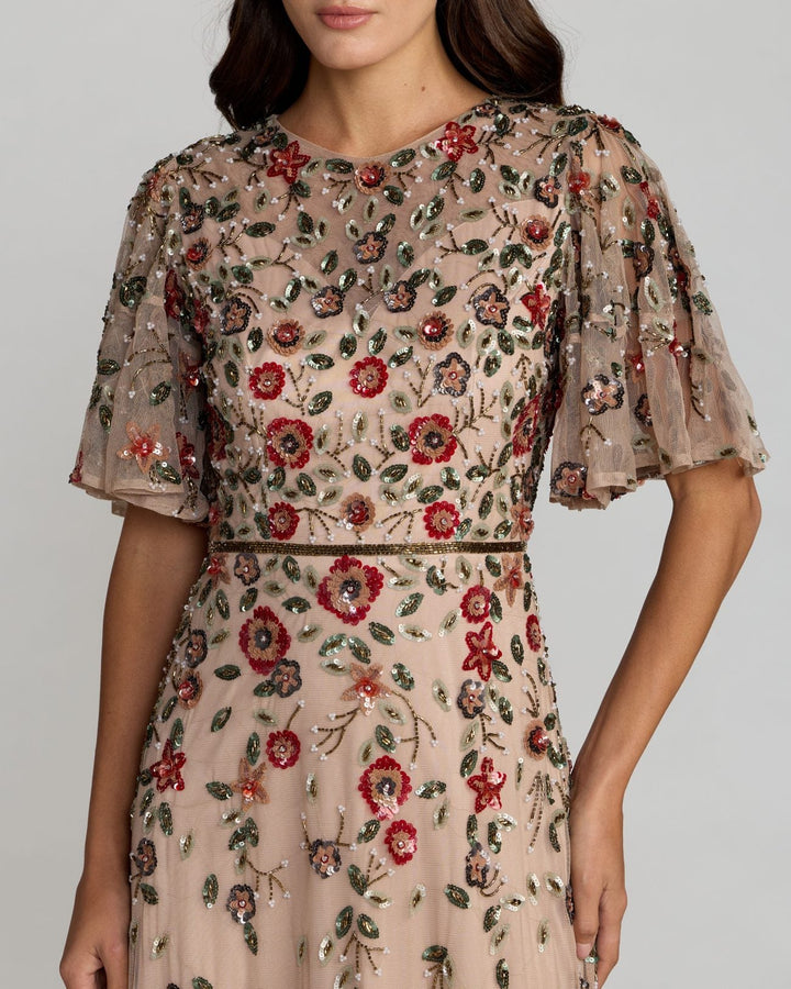 Beige Floral Embellished Flutter Sleeve Midi Dress - FOSTANI.com