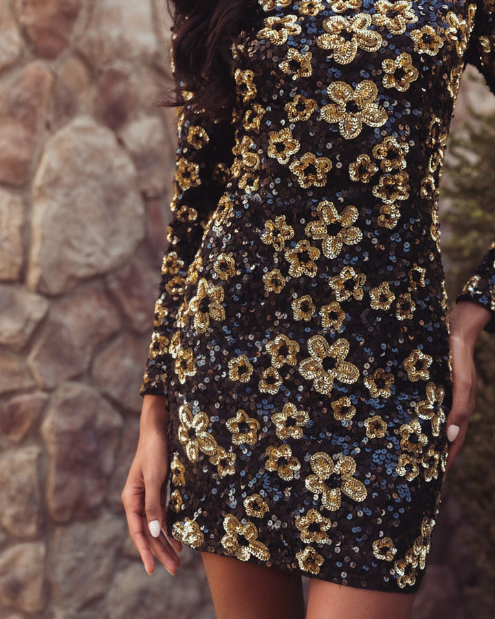 Mac Duggal 6211 Floral Sequin Long Sleeve Mini Dress
